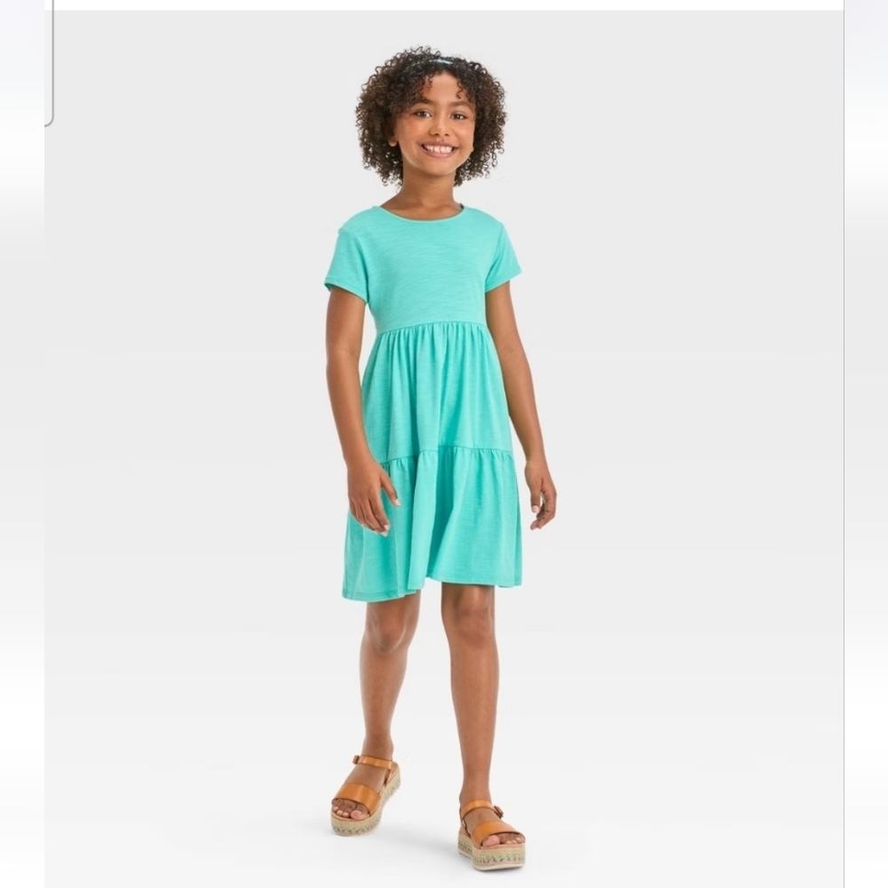 Girls' Short Sleeve Open Back Tiered Knit Dress - Cat & Jack Turquoise Blue S